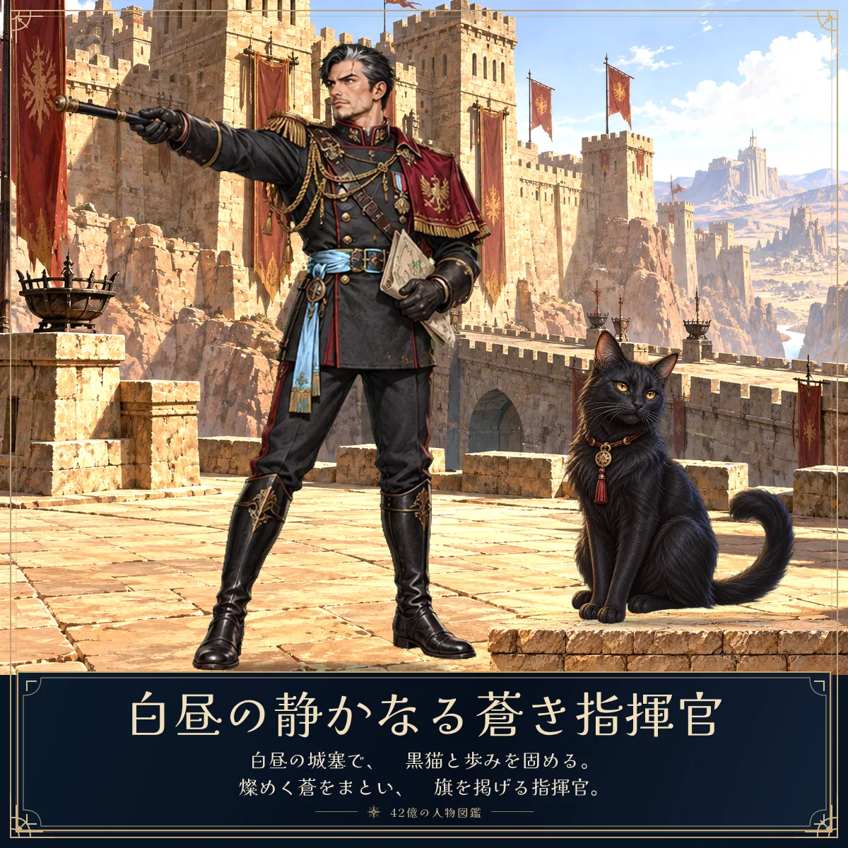 白昼の静かなる蒼き指揮官と相棒の黒猫。白昼の城塞で、
黒猫と歩みを固める。
燦めく蒼をまとい、
旗を掲げる指揮官。