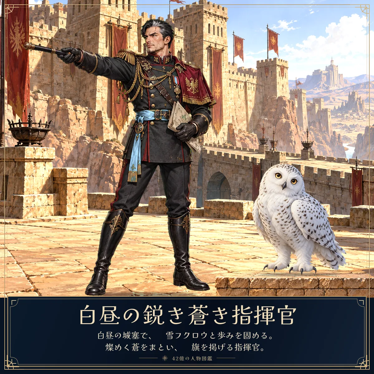 白昼の鋭き蒼き指揮官と相棒の雪フクロウ。白昼の城塞で、
雪フクロウと歩みを固める。
燦めく蒼をまとい、
旗を掲げる指揮官。