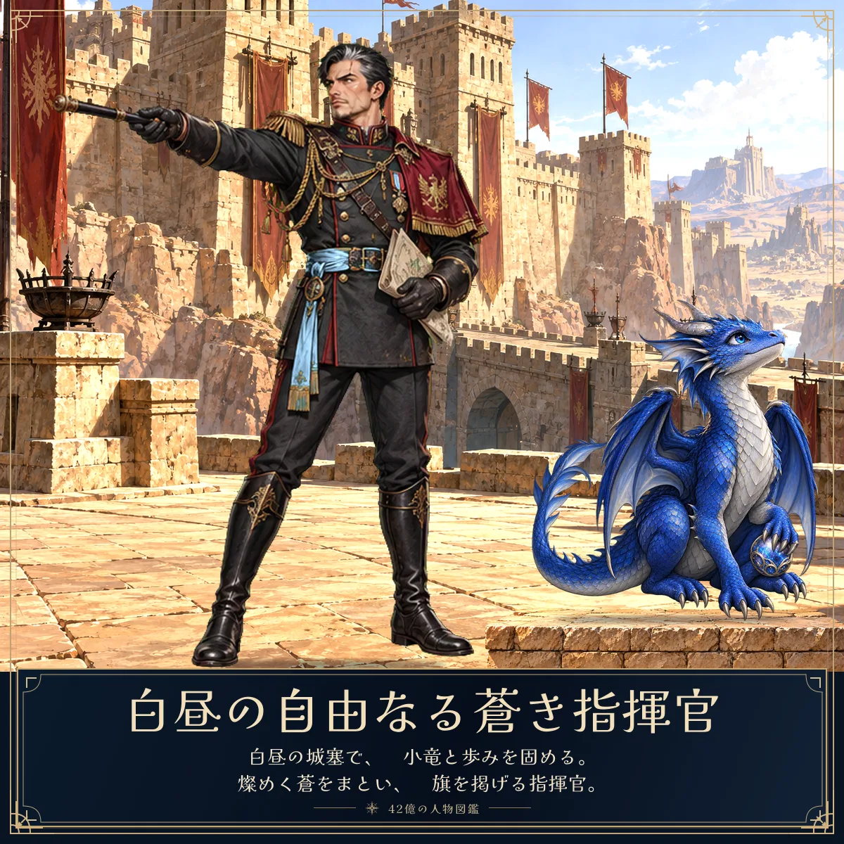 白昼の自由なる蒼き指揮官と相棒の小竜。白昼の城塞で、
小竜と歩みを固める。
燦めく蒼をまとい、
旗を掲げる指揮官。