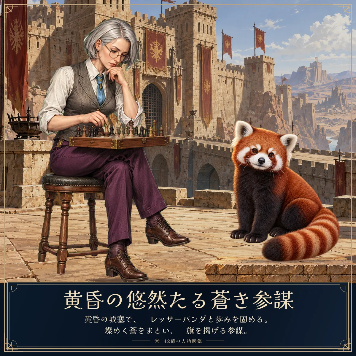 黄昏の悠然たる蒼き参謀と相棒のレッサーパンダ。黄昏の城塞で、
レッサーパンダと歩みを固める。
燦めく蒼をまとい、
旗を掲げる参謀。