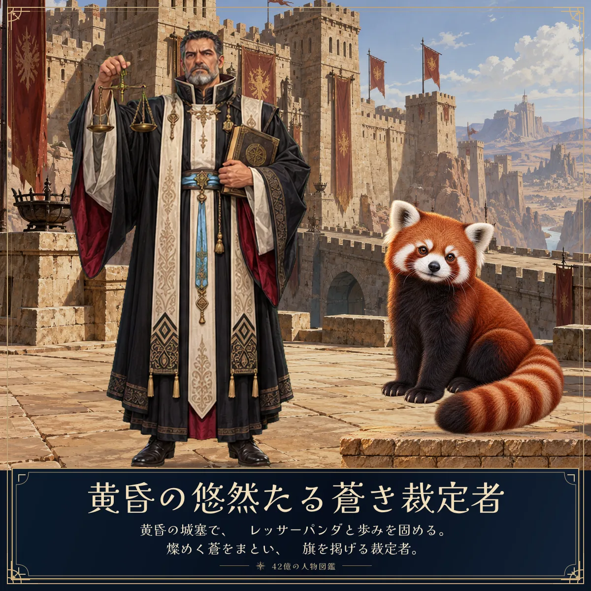 黄昏の悠然たる蒼き裁定者と相棒のレッサーパンダ。黄昏の城塞で、
レッサーパンダと歩みを固める。
燦めく蒼をまとい、
旗を掲げる裁定者。