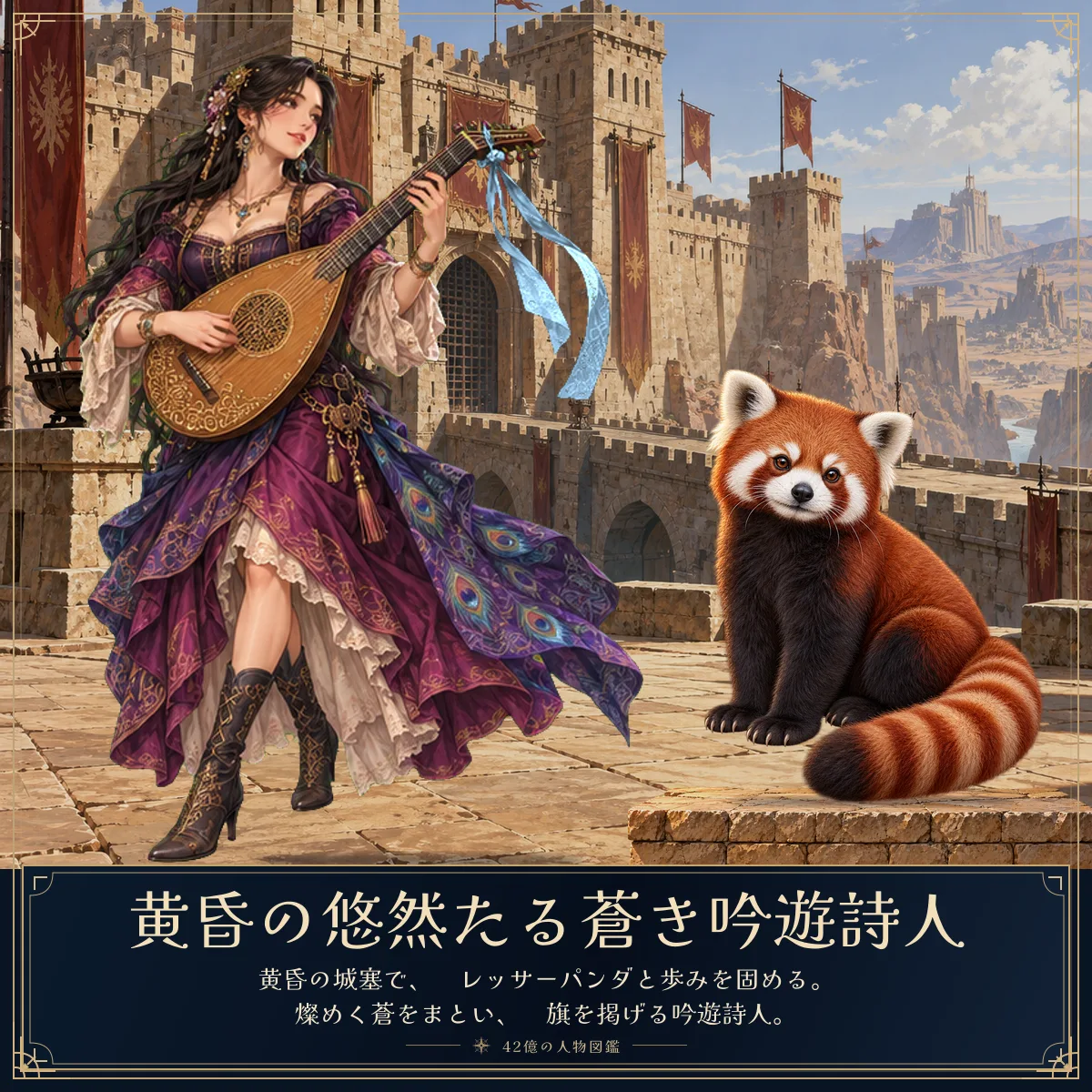 黄昏の悠然たる蒼き吟遊詩人と相棒のレッサーパンダ。黄昏の城塞で、
レッサーパンダと歩みを固める。
燦めく蒼をまとい、
旗を掲げる吟遊詩人。
