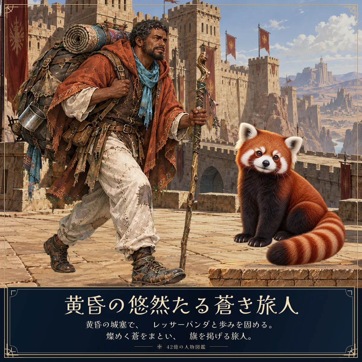 黄昏の悠然たる蒼き旅人と相棒のレッサーパンダ。黄昏の城塞で、
レッサーパンダと歩みを固める。
燦めく蒼をまとい、
旗を掲げる旅人。
