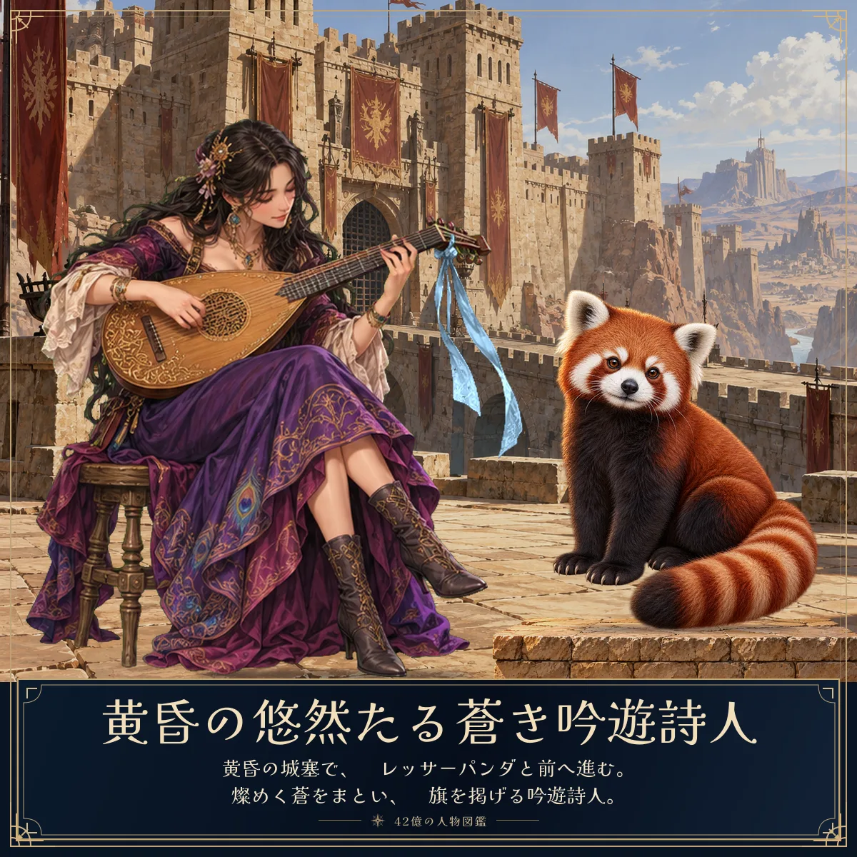 黄昏の悠然たる蒼き吟遊詩人と相棒のレッサーパンダ。黄昏の城塞で、
レッサーパンダと前へ進む。
燦めく蒼をまとい、
旗を掲げる吟遊詩人。
