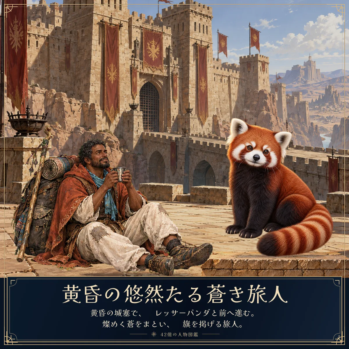 黄昏の悠然たる蒼き旅人と相棒のレッサーパンダ。黄昏の城塞で、
レッサーパンダと前へ進む。
燦めく蒼をまとい、
旗を掲げる旅人。