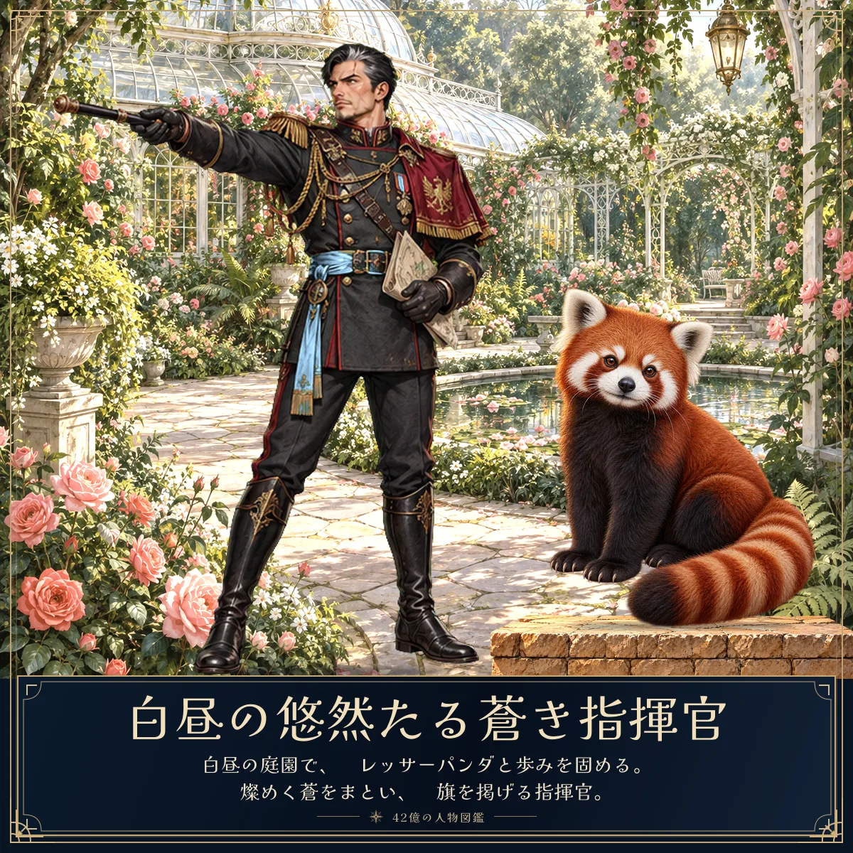 白昼の悠然たる蒼き指揮官と相棒のレッサーパンダ。白昼の庭園で、
レッサーパンダと歩みを固める。
燦めく蒼をまとい、
旗を掲げる指揮官。