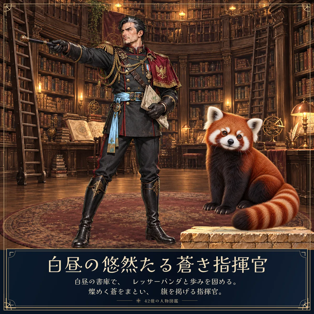 白昼の悠然たる蒼き指揮官と相棒のレッサーパンダ。白昼の書庫で、
レッサーパンダと歩みを固める。
燦めく蒼をまとい、
旗を掲げる指揮官。