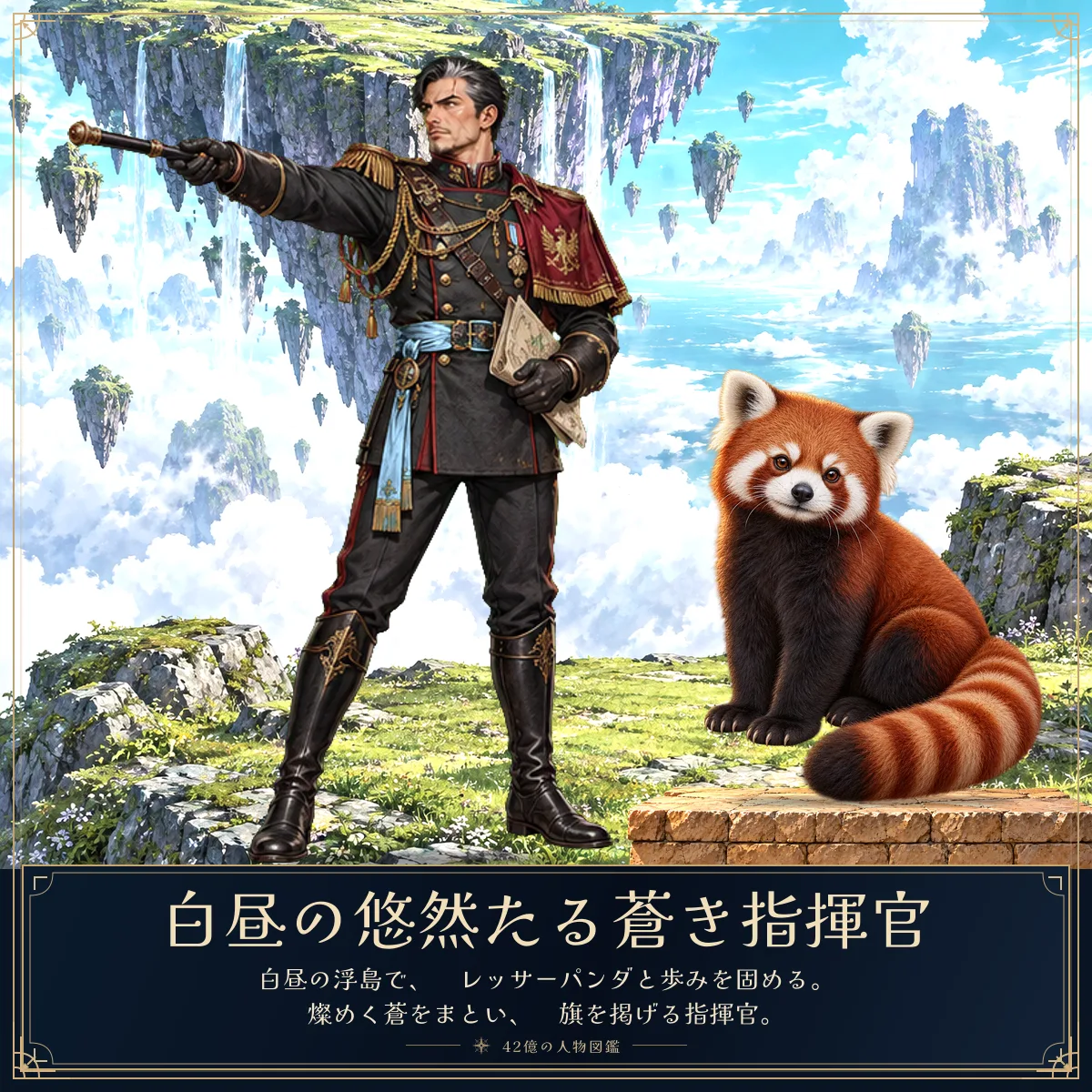 白昼の悠然たる蒼き指揮官と相棒のレッサーパンダ。白昼の浮島で、
レッサーパンダと歩みを固める。
燦めく蒼をまとい、
旗を掲げる指揮官。