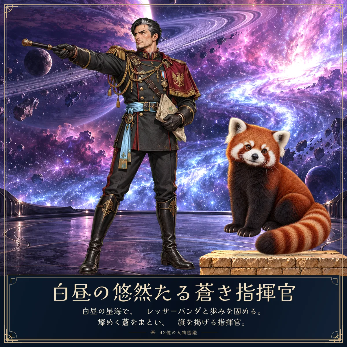 白昼の悠然たる蒼き指揮官と相棒のレッサーパンダ。白昼の星海で、
レッサーパンダと歩みを固める。
燦めく蒼をまとい、
旗を掲げる指揮官。