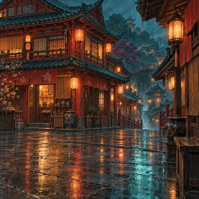 街角：雨に濡れた朱色の街