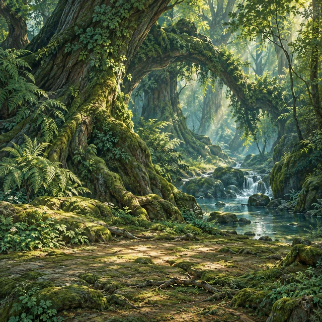森：巨木の根と深い緑